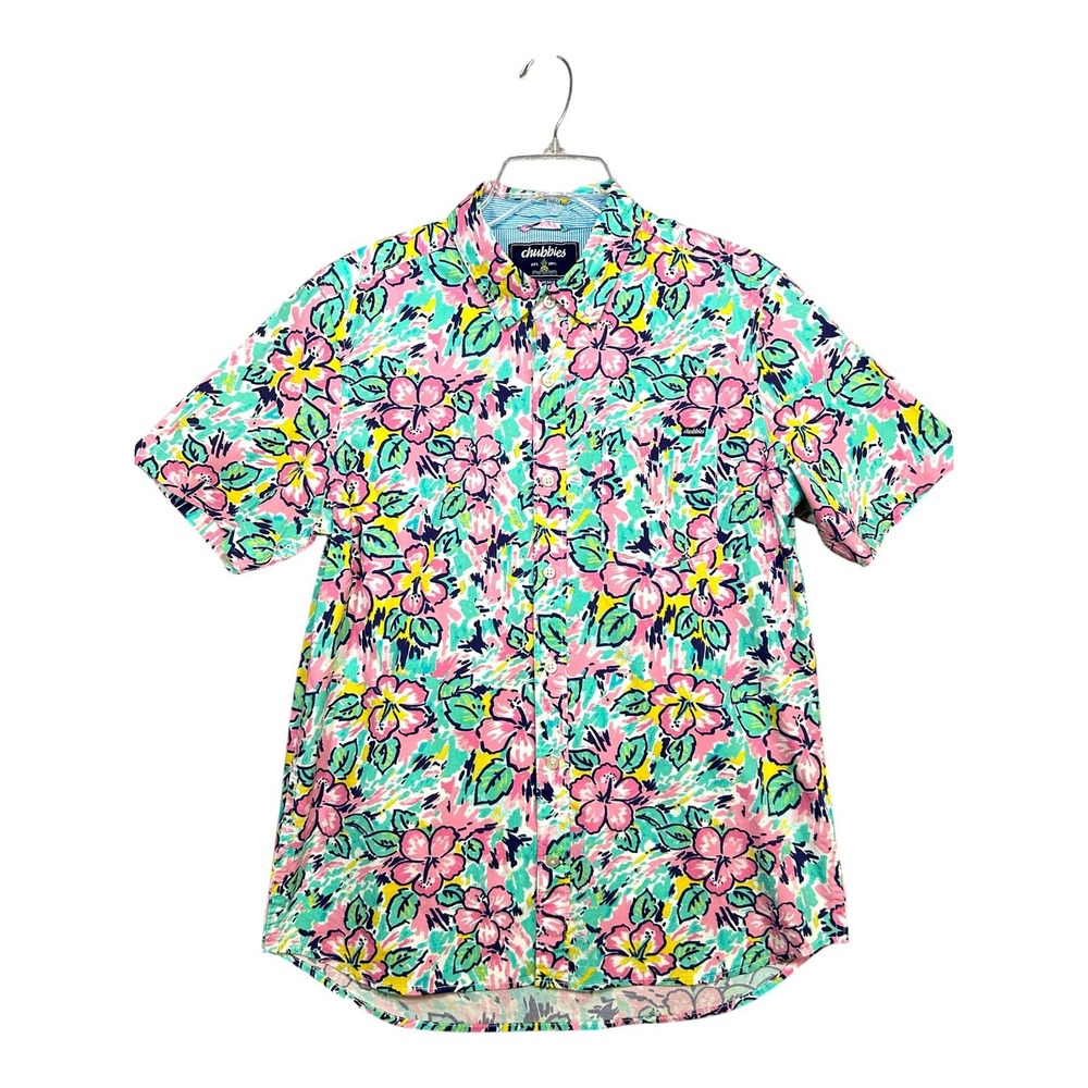 Chubbies Regular Fit Shirt Mens M Hawaiian Tropical Floral Button Up Pink